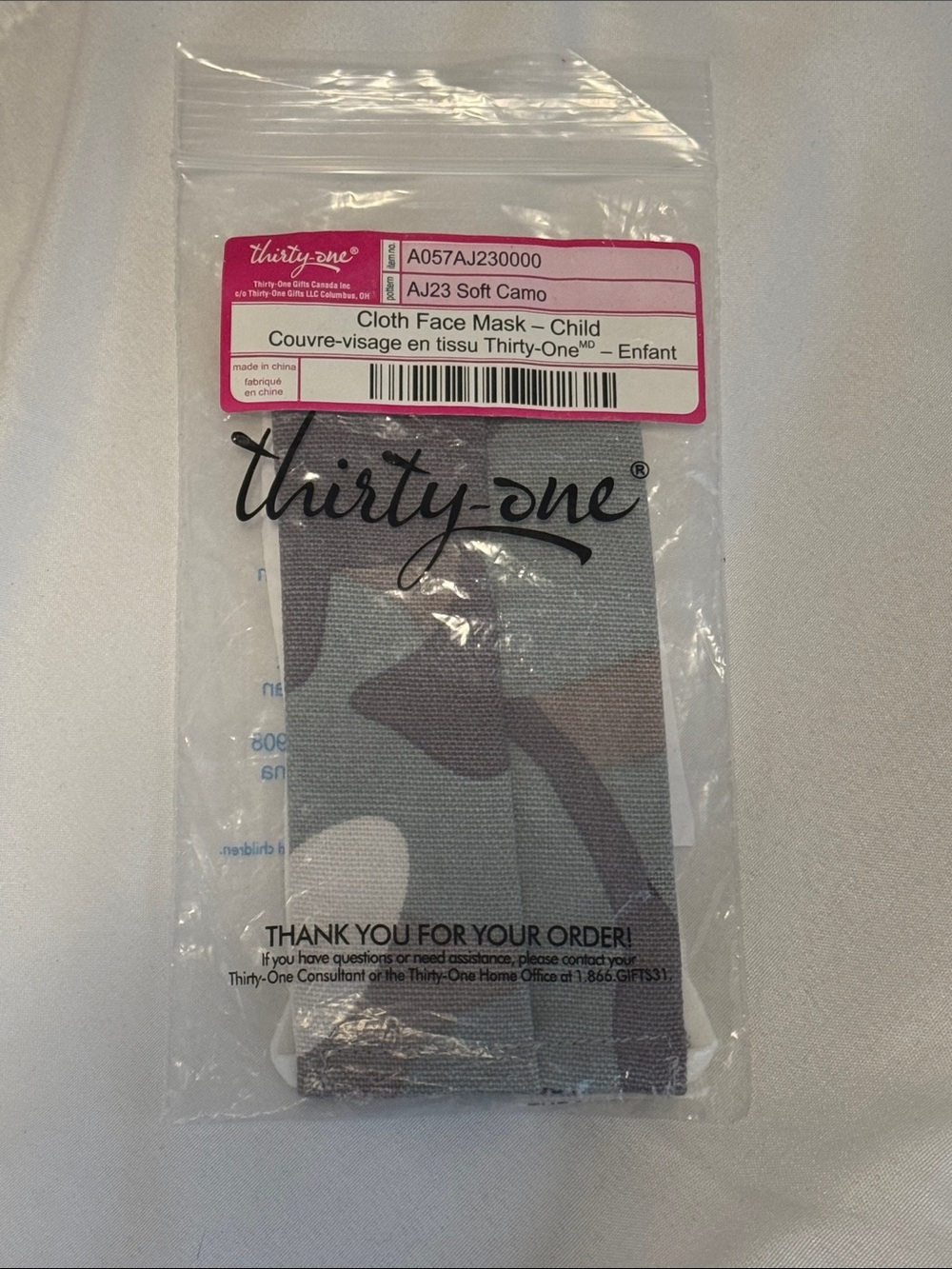 thirty-one Kids Cloth Face Mask in Soft Camo Gray